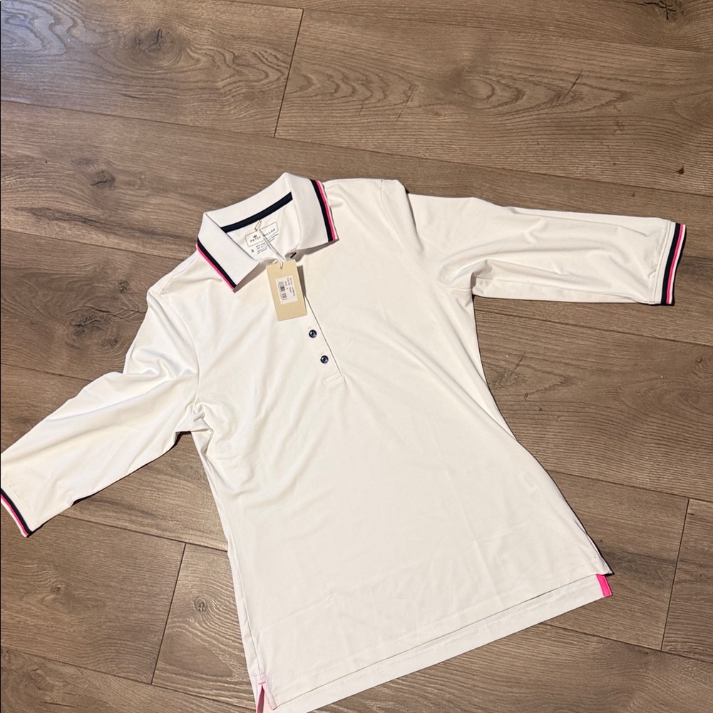 White Polo Shirt with Pink and Black Trim
